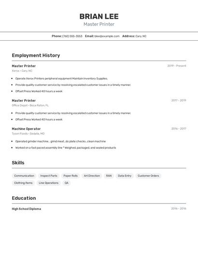 Master Printer Resume