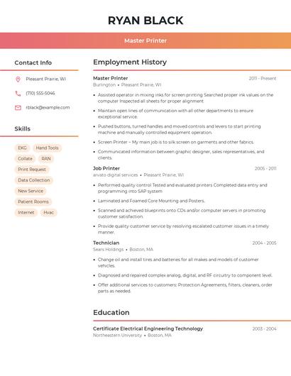 Master Printer Resume