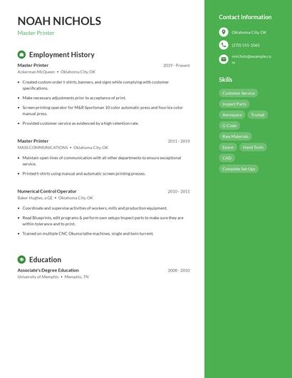 Master Printer Resume