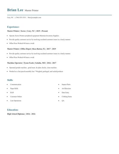 Master Printer Resume