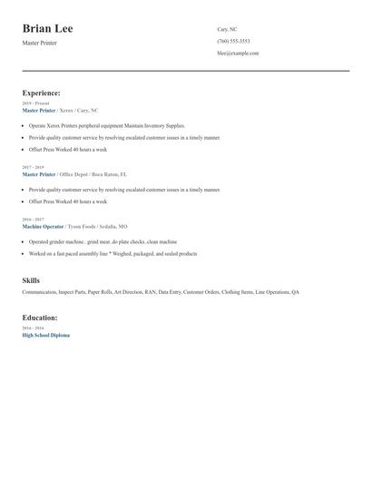 Master Printer Resume