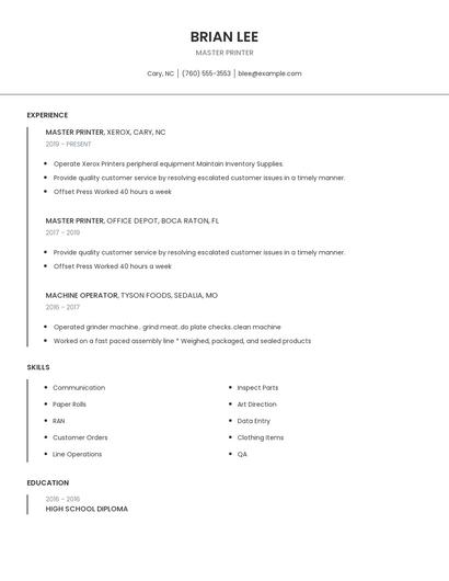 Master Printer Resume