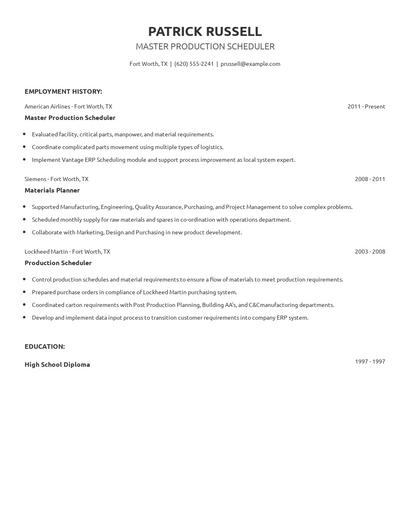 Master Production Scheduler Resume