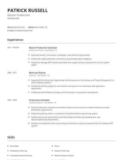 Master Production Scheduler Resume