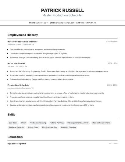 Master Production Scheduler Resume