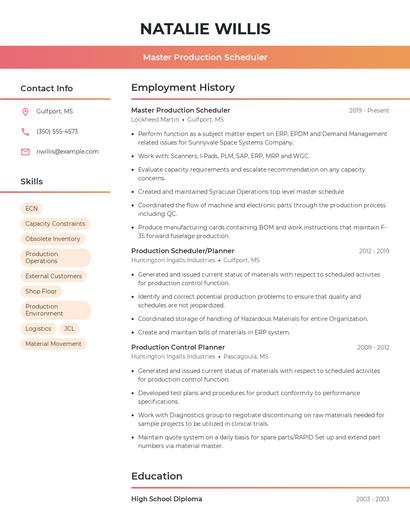 Master Production Scheduler Resume