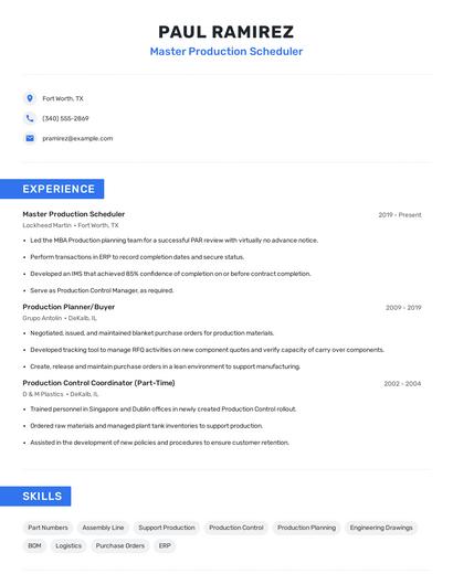Master Production Scheduler Resume