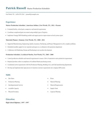 Master Production Scheduler Resume