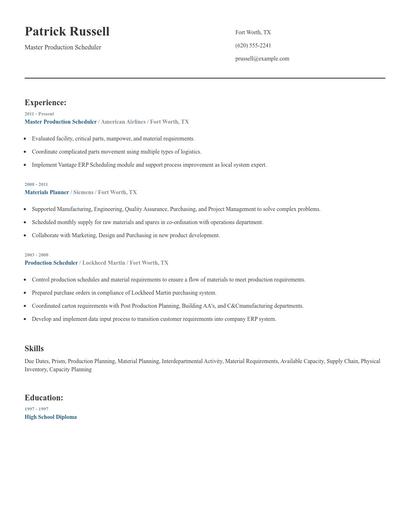 Master Production Scheduler Resume