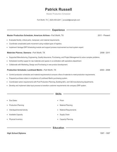 Master Production Scheduler Resume