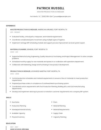 Master Production Scheduler Resume