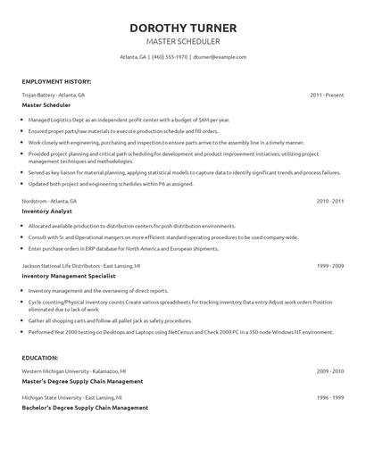 Master Scheduler Resume