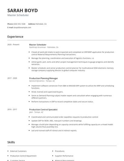 Master Scheduler Resume
