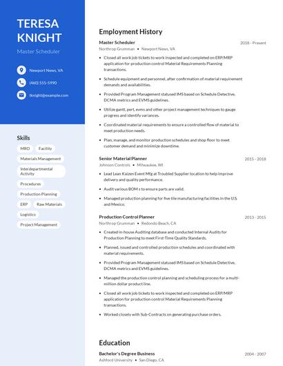 Master Scheduler Resume