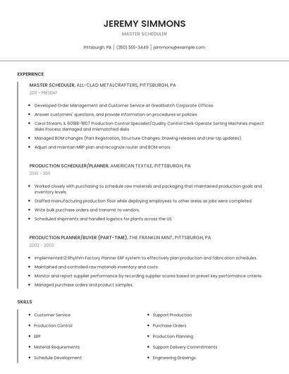 Master Scheduler Resume