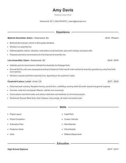 Material Assembler Resume