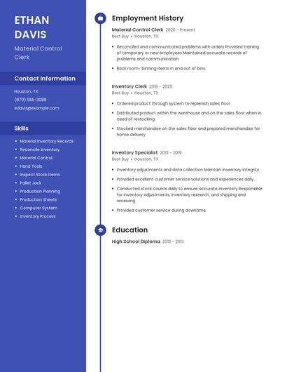 Material Control Clerk Resume