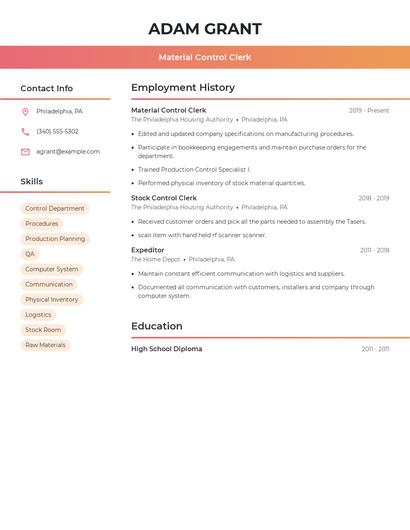Material Control Clerk Resume