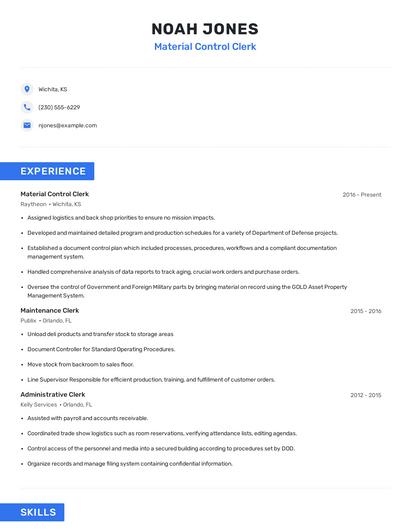Material Control Clerk Resume
