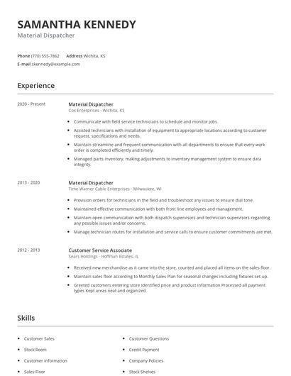Material Dispatcher Resume