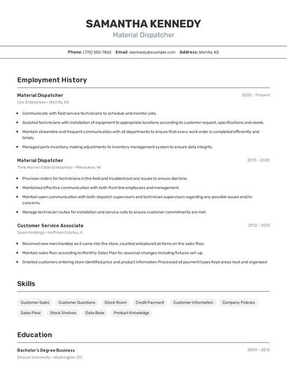 Material Dispatcher Resume