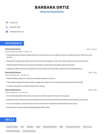 Material Dispatcher Resume