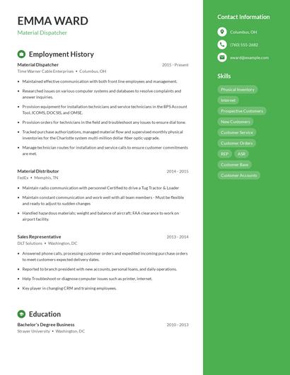 Material Dispatcher Resume