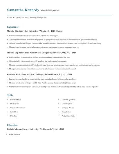Material Dispatcher Resume