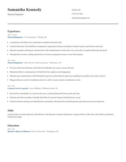 Material Dispatcher Resume