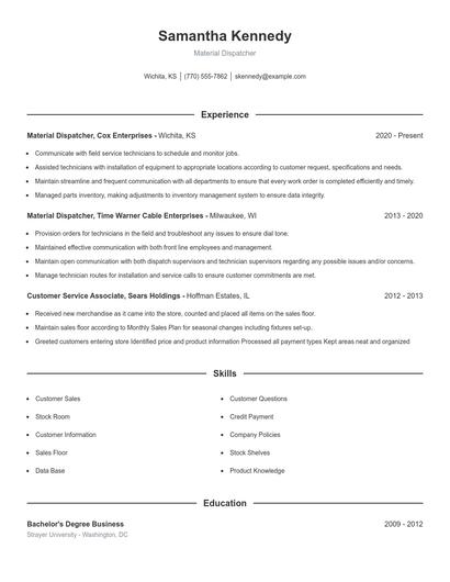 Material Dispatcher Resume