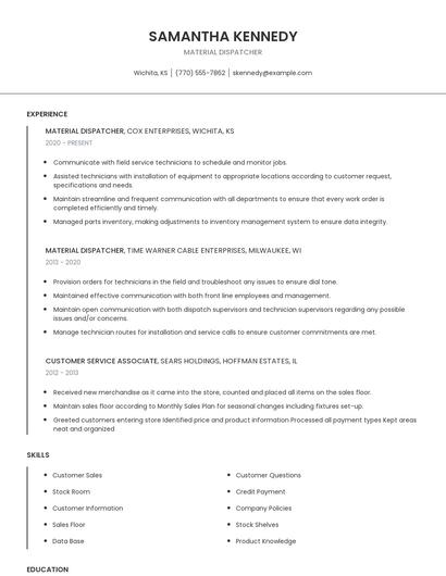 Material Dispatcher Resume