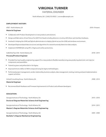 Material Engineer Resume
