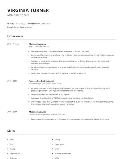 Material Engineer Resume