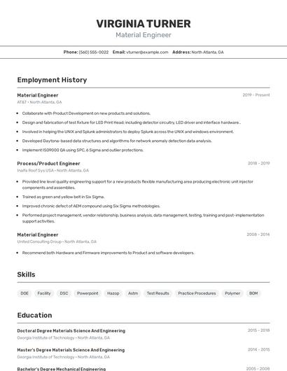 Material Engineer Resume
