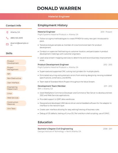 Material Engineer Resume