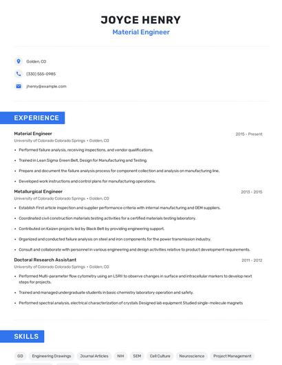 Material Engineer Resume