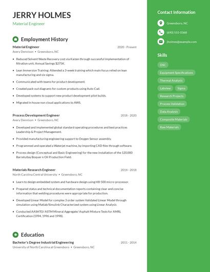 Material Engineer Resume