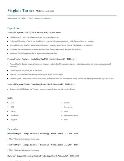 Material Engineer Resume