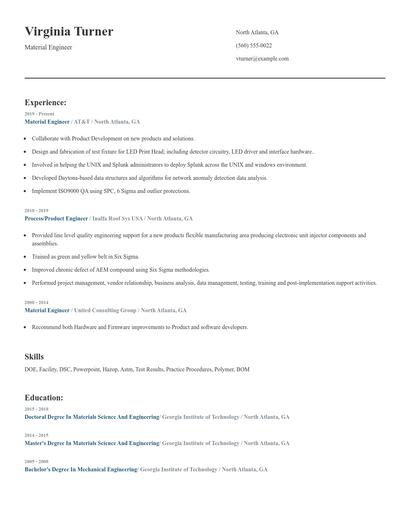 Material Engineer Resume