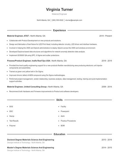 Material Engineer Resume