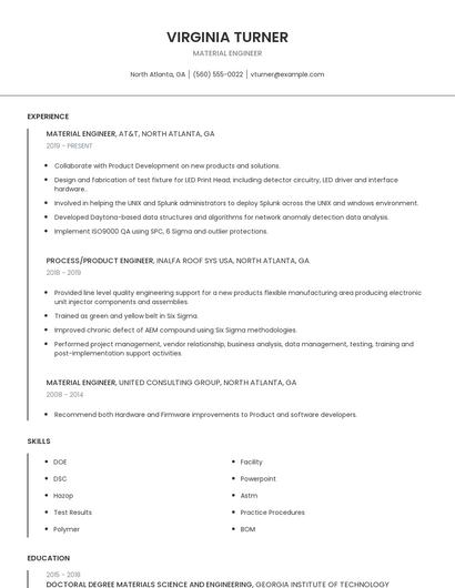Material Engineer Resume