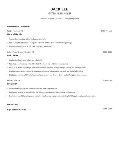 Material Handler Resume