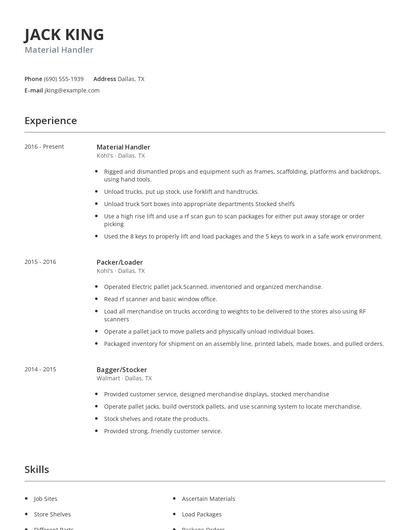 Material Handler Resume