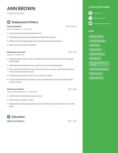 Material Handler Resume
