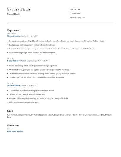 Material Handler Resume