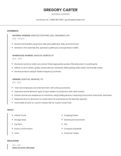 Material Handler Resume