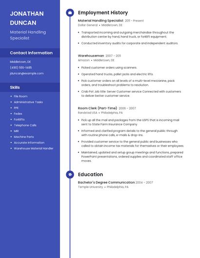 Material Handling Specialist Resume