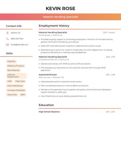 Material Handling Specialist Resume