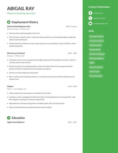 Material Handling Specialist Resume