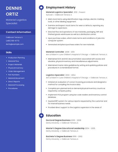 Material Logistics Specialist Resume